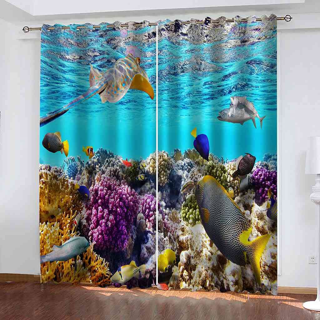 Amazon｜EHZQX 遮光遮熱カーテン150x166cm 海洋珊瑚魚 3D 寝室